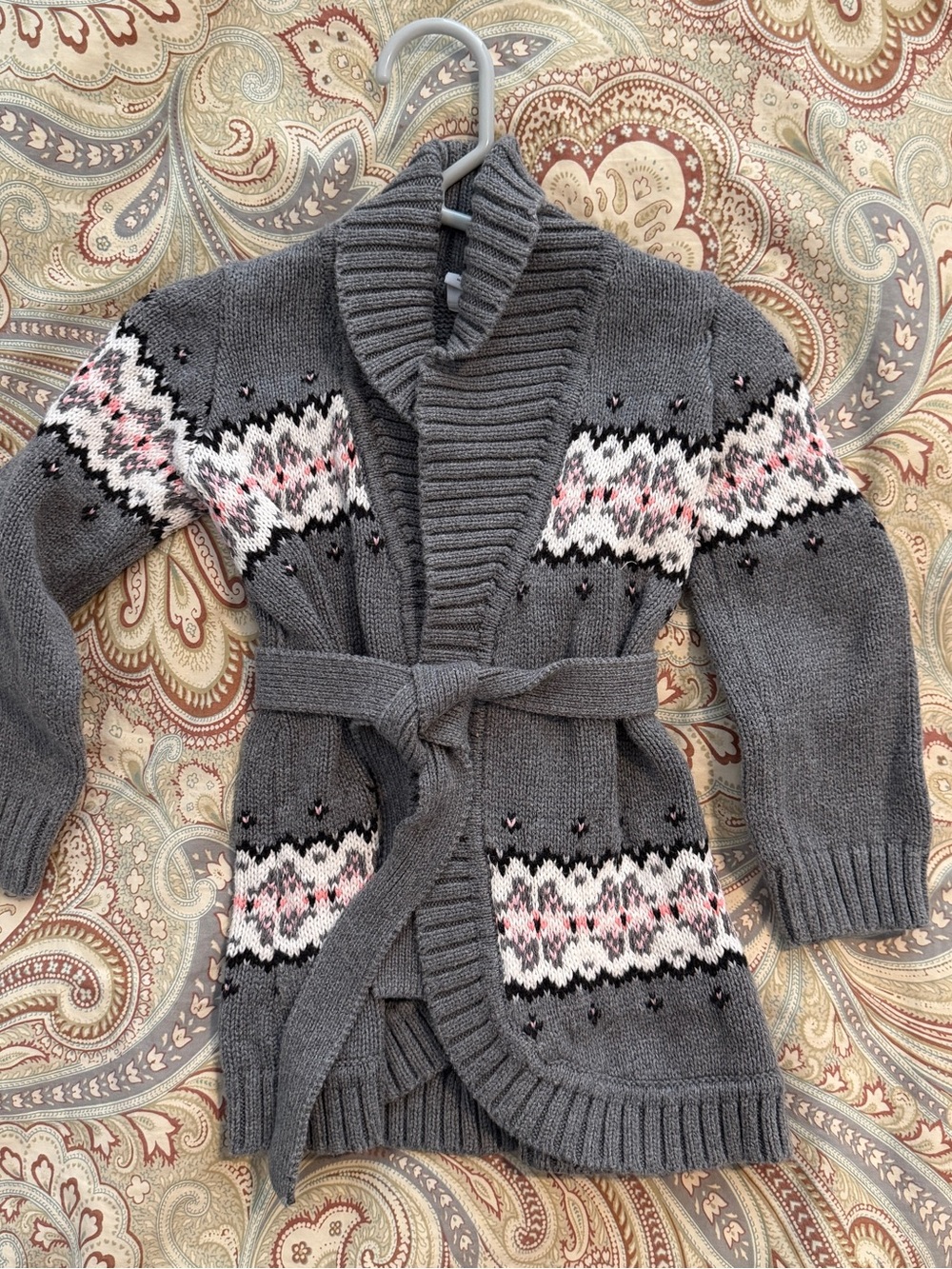 Janie and Jack Gray Fair Isle Belted Shawl Collar Cardigan Sweater | 18-24mo
